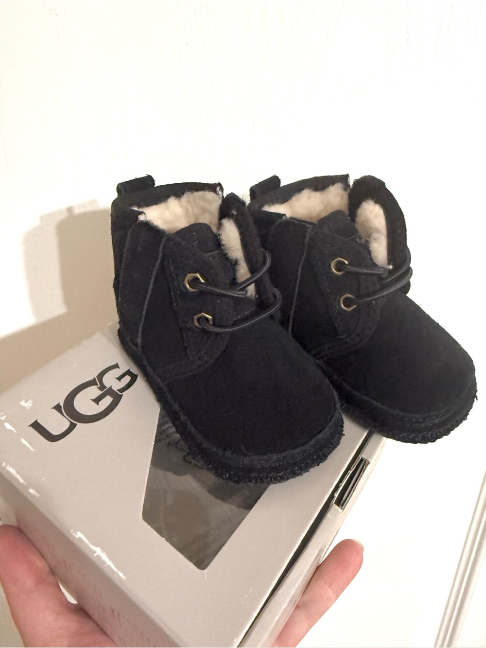 UGG Kids Black Suede Shearling Lace-Up Booties